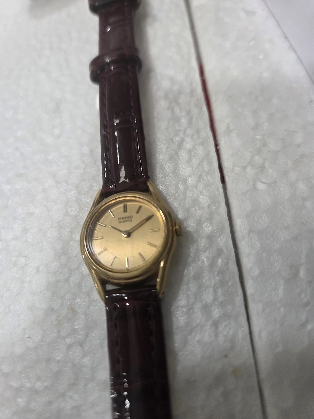 Seiko Gold Dial Women's Quartz Watch with Burgundy Patent Strap 2P20-0080